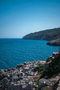 Scenic view of sea against clear blue sky