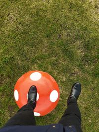 Low section of person with ball on field