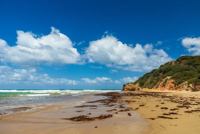 Scenic view of beach against blue sky