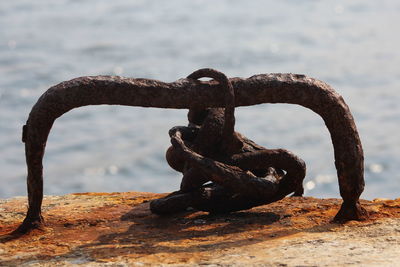 Close-up of rusty metal by sea