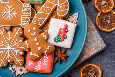 High angle view of christmas decorations on table