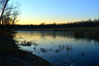 Scenic view of lake against sky during sunset