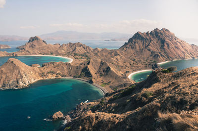 Scenic view of sea and mountains against sky