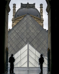 Rear view of man standing on building