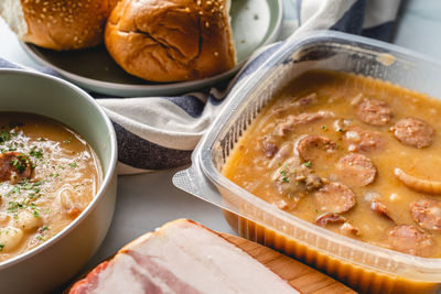 High angle view of soup in bowl on table