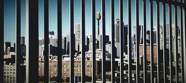 Full frame shot of skyscrapers seen from iron gate