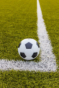 High angle view of soccer ball on field