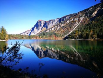 Scenic view of lake against blue sky