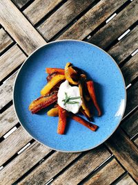 High angle view of dessert in plate on table