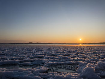 Scenic view of sea against clear sky during sunset