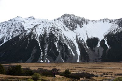 Scenic view of snowcapped mountains against clear sky