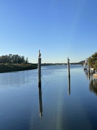 Wooden post in lake against clear blue sky