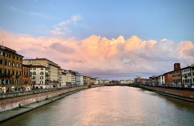 Buildings by river against sky during sunset