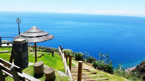 Scenic view of sea against blue sky