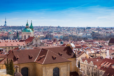 Aerial view of townscape against sky in city