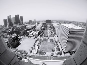 High angle view of buildings against clear sky