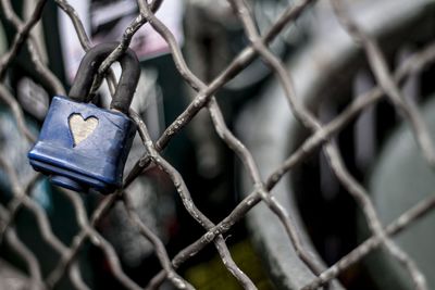 Close-up of padlock on chainlink fence