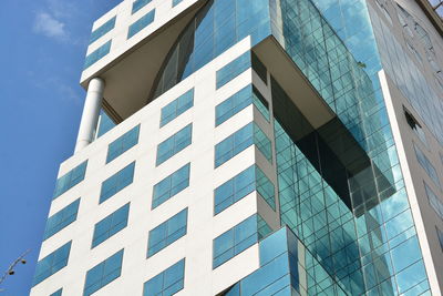 Low angle view of modern building against clear blue sky