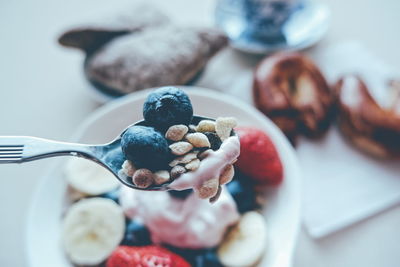 Close-up of breakfast served on table