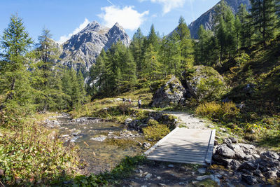 Wooden bridge over kleinarlbach brook near tappenkar lake with mountain peaks in pongau austria