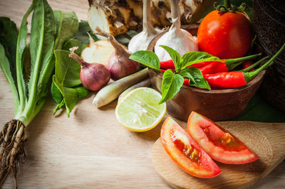 High angle view of raw food on cutting board