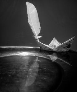 Close-up of paper boat and feather on table