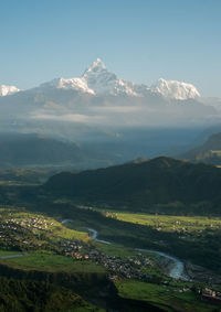 Scenic view of snow covered mountains