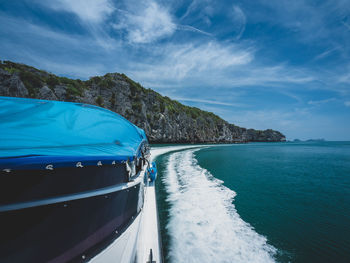 Scenic view of sea against blue sky