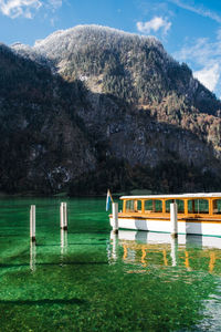 Scenic view of lake königssee and mountains against sky