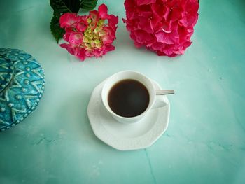 High angle view of coffee on table