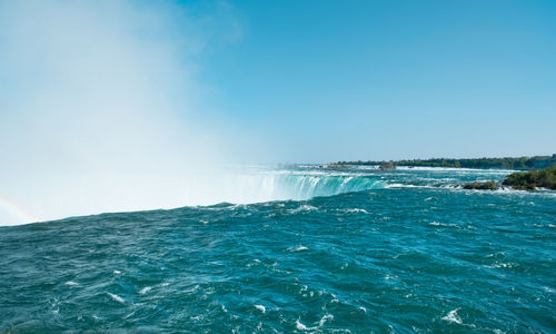 Scenic view of sea against clear blue sky