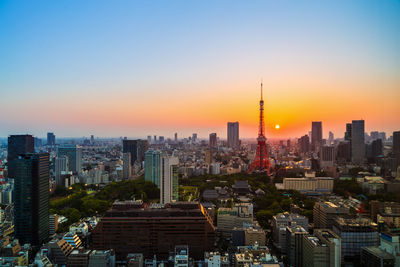 Buildings in city at sunset