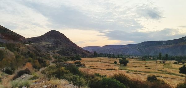 Scenic view of landscape and mountains against sky