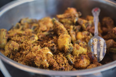 Close-up of meat in bowl on table