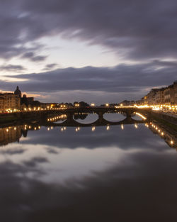 Illuminated city at riverbank against cloudy sky