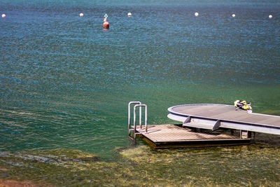 High angle view of boat moored in lake