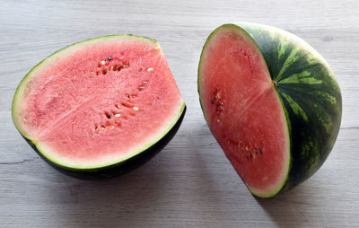 High angle view of watermelon slices on table