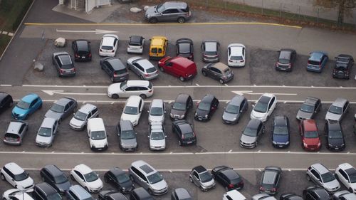 High angle view of cars in parking lot