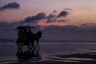 Silhouette man with horse cart on beach