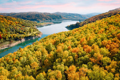 Aerial view of lake and mountain in autumn