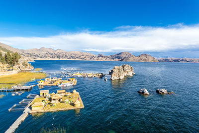 High angle view of floating islands on lake titicaca