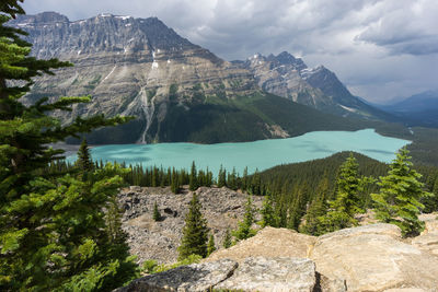 Scenic view of lake and mountains against sky