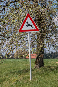 Road sign on field