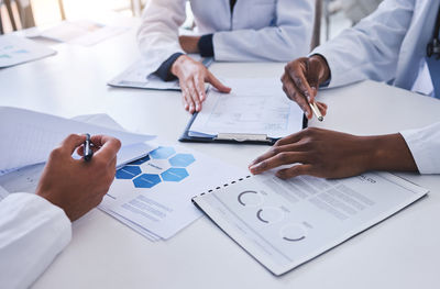 Midsection of business colleagues working at desk in office