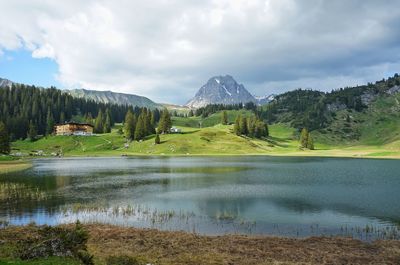 Scenic view of lake and mountains against sky