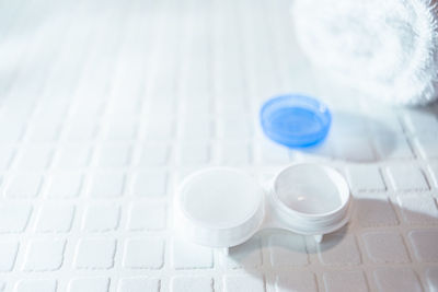 High angle view of glasses on table