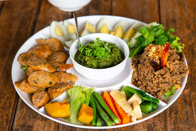 High angle view of meal served on table