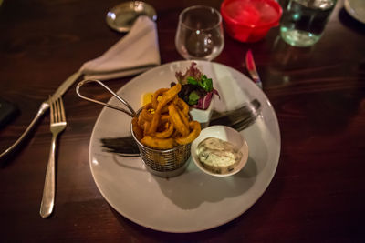 High angle view of food served on table