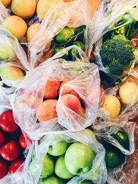 High angle view of vegetables and fruits on table