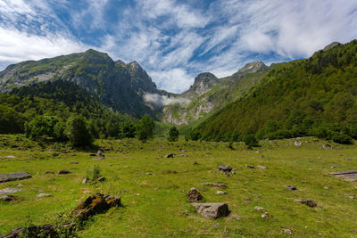 Scenic view of green landscape and mountains against sky